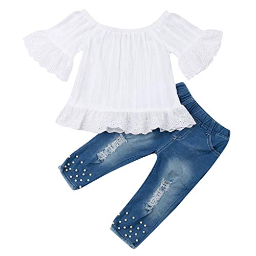 Geagodelia Ropa infantil para bebé, conjunto de ropa para bebé, conjunto de ropa de encaje, blusa + pantalones vaqueros, suave, C-10891 Blanco & Azul 924 3-4 Años