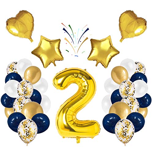 Globo número 2 Korins, número gigante 0 1 2 3 4 5 6 7 8 9 Globo de papel de aluminio con 24 globos de confeti de látex, decoración de aniversario de fiesta de cumpleaños