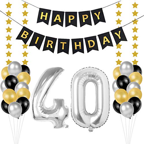 Globos 40 Cumpleaños, decoracion 40 años, Happy Birthday Bandera Feliz Cumpleaños 40 Años, Número 40 Globos de Papel Plata para Hombres y Mujeres Adultos Oro Negro Decoración de Fiesta
