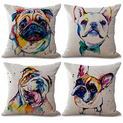 Gspirit 4 Pack Perro Algodón Lino Decorativo Throw Pillow Case Funda de Almohada para Cojín 45x45 cm