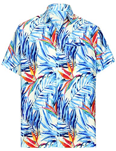 HAPPY BAY Hombres Hawaiano de la Playa botón de Camisa de Cuello hacia Abajo Azul_AA6 S - Pecho Contorno (in cms) : 96-101