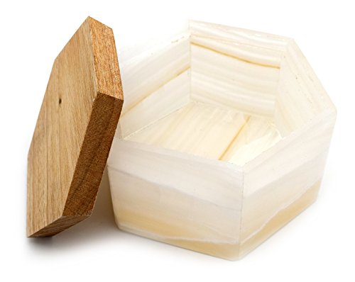 HBAR - Caja de joyería hexagonal de ónix blanco Tranquil con tapa de madera, 14 cm de ancho, 7,62 cm de alto, tallado de ónice blanco real norteamericano – La serie de artesanos minados