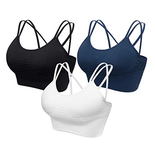 HBselect 3 Sujetadores Deportivo Mujer Material Cómodo Suave para Gimnasio Yoga Bailar Set de 3 Colores Negro Blanco Azul Marino Talla M