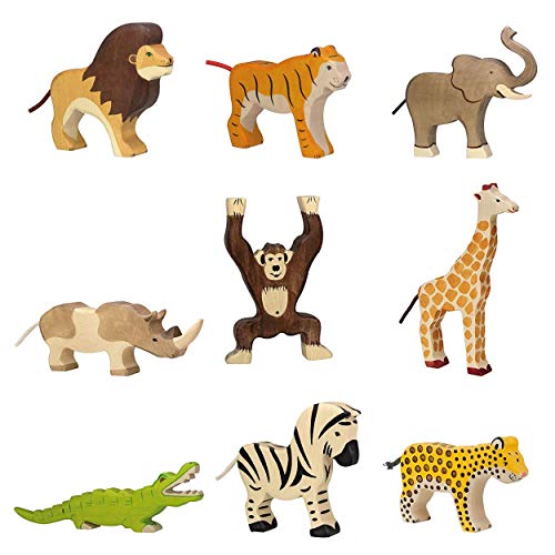 Holztiger Zoo - Juguete de madera de 9 piezas, diseño de tigre, león, elefante, cebra, jirafa, rinoceronte, afé, cocodrilo, leopardo