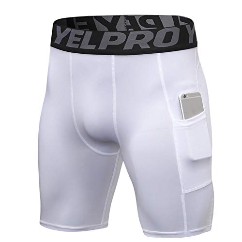 Hombre Entrenamiento Deportivo Culturismo Pantalones Cortos Fitness Gym Mallas con Bolsillo Blanco 2XL