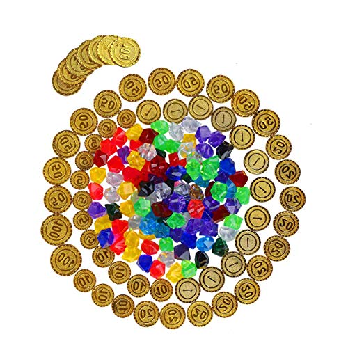 HONGXIN-SHOP 50 Piezas de Plastico Monedas de Oro Piratas y 100 Piezas de Piedras Preciosas Piratas Conjunto de Juguete Joya Moneda de Oro para Niños Fiesta Pirata Infantil Cumpleaños Regalo
