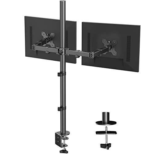 HUANUO Dual Monitor Stand con Poste Extra Alto 39.9 pulgadas, Soporte de Monitor Totalmente Ajustable, Abrazadera C y Base de Montaje de Ojales