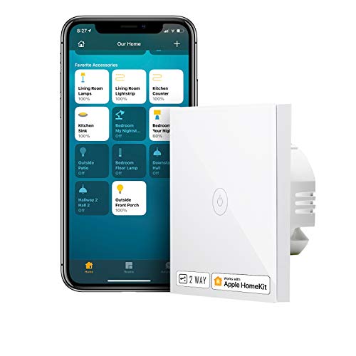 Interruptor de Pared Táctil Wi-Fi, 2 Vías, 1 Canal. Compatible con HomeKit Siri, Alexa, Google Assistant y SmartThings. meross. 2,4GHz (Se Requiere un Cable Neutral).