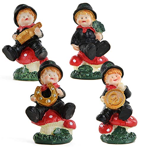 JEAN Products Juego de 4 figuras con diseño de duende de la suerte sobre setas – 4 gnomos de 5 cm – Pequeños elfos