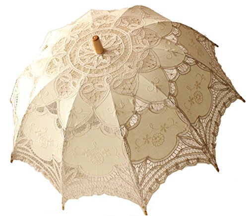 Jellbaby Sombrilla de encaje para boda, color blanco, accesorio para disfraz de dama victoriana, decoración de fiesta (beige) Jellbaby Sombrilla de encaje para boda, color blanco, accesorio para disfraz de dama victoriana, decoración de fiesta (beige)