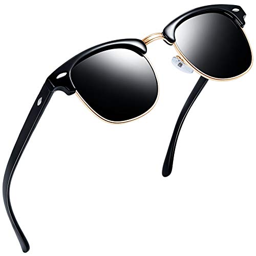 Joopin Gafas de Sol Hombre y Mujer Polarizadas Clásicas Medio Marco Retro Semi Rimless Gafas de Sol (Paquete simple negro)