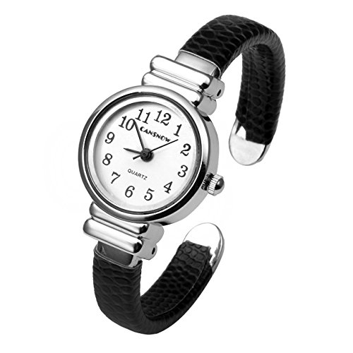 JSDDE - Pequeño reloj de pulsera, con correa abierta de piel, 12 mm, color negro, para mujer, niña o niño