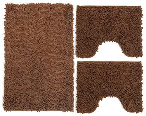 Juego de alfombrillas de baño de 3 piezas de microfibra, alfombra de pelo largo 50 x 80 cm, 2 alfombrillas para inodoro y agua, forma rectangular 40 x 50 cm, suave, antideslizante, marrón