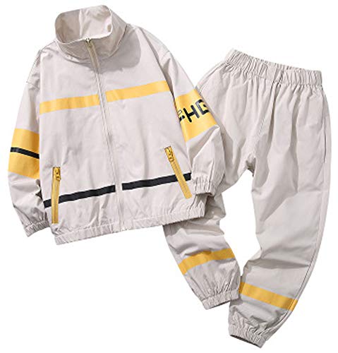 Juego de chaqueta y pantalones largos para niño (2 juegos, ropa deportiva para primavera y otoño, casual para niños grandes, color negro, blanco-blanco-120 cm)