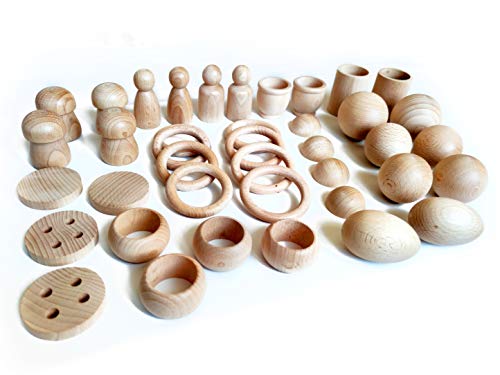 Juego de madera Montessori - Juego heurístico de 40 piezas - Cesto tesoros - anillas, bolas, semiesferas, morteros, huevos, cubiletes, servilleteros, setas, botones