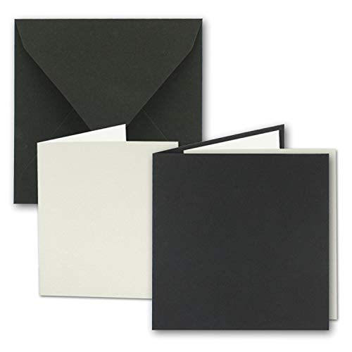 Juego de tarjetas plegables cuadradas de papel kraft en negro de 15,0 cm – 150 mm – 25 sets – tarjetas dobles, sobres y hojas de papel reciclado – Serie Umwelt.