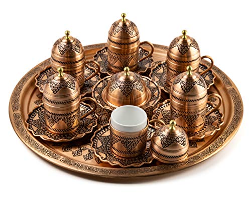 Juego de tazas de café turco con tapa, plato de servicio y plato de dulces, Kahve seti, juego especial de café turco, taza de café oriental, para 6 personas (cobre rojo)
