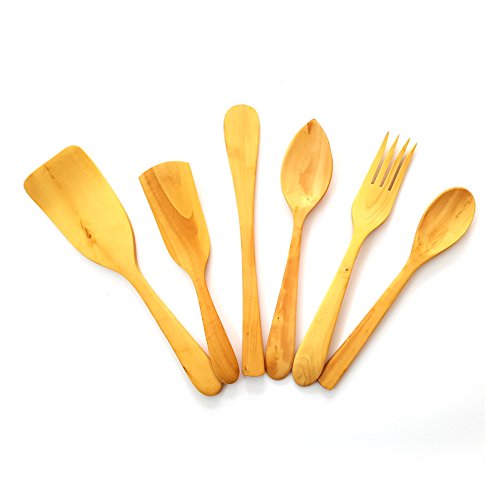 Juego de Utensilios de Madera de boj para cocinar fabricación Artesanal. Pack de 6 Piezas, 2 Palas, 1 espátula, 2 cucharas y 1 Tenedor.