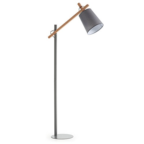 Kave Home - Lámpara de pie Kosta gris de acero, madera de haya y algodón 100%