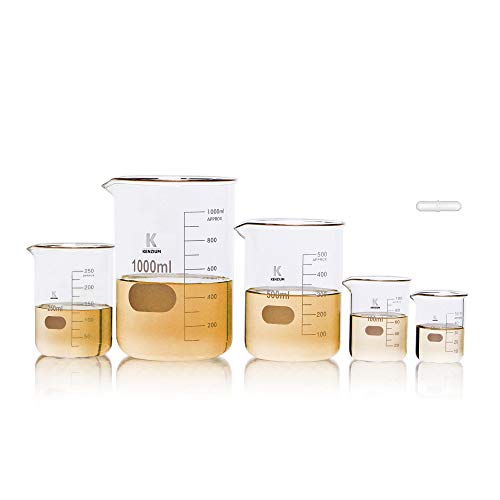 KENZIUM - Pack 5 x Vasos de Precipitados + Varilla de Agitación Magnética, 5 Medidas: 50 ml, 100 ml, 250 ml, 500 ml y 1000 ml | Vidrio Borosilicato 3.3, Forma Baja, Graduados, de Cristal con Boquilla KENZIUM - Pack 5 x Vasos de Precipitados + Varilla de Agitación Magnética, 5 Medidas: 50 ml, 100 ml, 250 ml, 500 ml y 1000 ml | Vidrio Borosilicato 3.3, Forma Baja, Graduados, de Cristal con Boquilla
