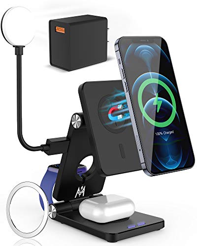 KKM Cargador Inalámbrico Rápido, Compatible con MagSafe Cargador, 4 en 1 LED Plegable Estación de Carga Rápida para iPhone 12/12 Pro/12 Pro MAX/12 Mini, Apple Watch, AirPods(con Adaptador QC3.0 18W) KKM Cargador Inalámbrico Rápido, Compatible con MagSafe Cargador, 4 en 1 LED Plegable Estación de Carga Rápida para iPhone 12/12 Pro/12 Pro MAX/12 Mini, Apple Watch, AirPods(con Adaptador QC3.0 18W)