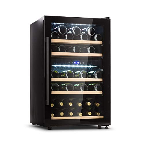 KLARSTEIN Barossa - Refrigerador para vinos, 2 Zonas, Temperatura Regulable 5-18 °C, Estantes de Madera rebatibles, Pantalla LCD, Iluminación Interior LED, Puerta de Vidrio, 41 Botellas, Negro