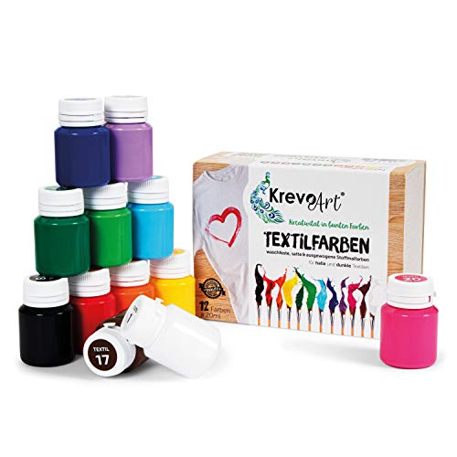 Krevo Art Pintura textil resistente al lavado | Juego de 12 x 20 ml de colores para tela en frasco | para pintar diferentes textiles