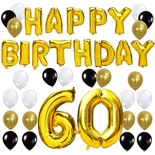 KUNGYO Letras Tipo Balón Doradas Happy Birthday+Número 60 Mylar Foil Globo+24 Piezas Negro Oro Blanco Globo de Látex 60 Años de Antigüedad Fiesta de Cumpleaños Decoraciones