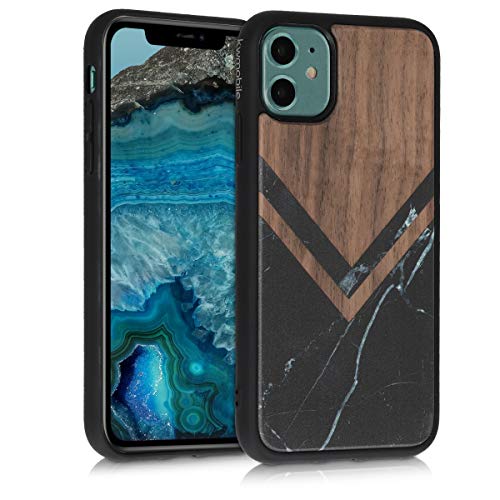 kwmobile Funda Compatible con Apple iPhone 11 - Funda de Madera de Nogal Madera y mármol Negro/Blanco/marrón Oscuro