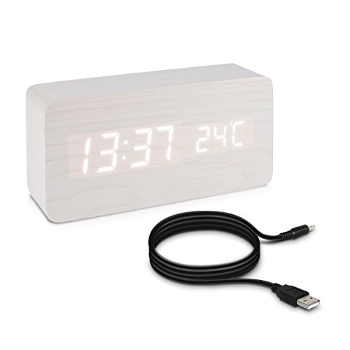 kwmobile Reloj Digital de Madera - Despertador con función de Hora Fecha Temperatura - Reloj Despertador con Cable USB en Blanco con Leds Blancas