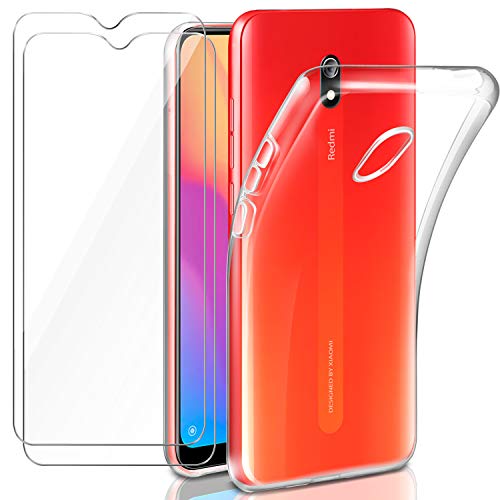 Leathlux Funda Xiaomi Redmi 8A + 2 x Protector de Pantalla Xiaomi Redmi 8A, Transparente TPU Silicona Funda + Cristal Vidrio Templado Protector de Pantalla y Caso Xiaomi Redmi 8A