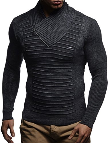 Leif Nelson suéter de Punto Fino Chal Collar de los Hombres LN-1535 Antracita Negro Large