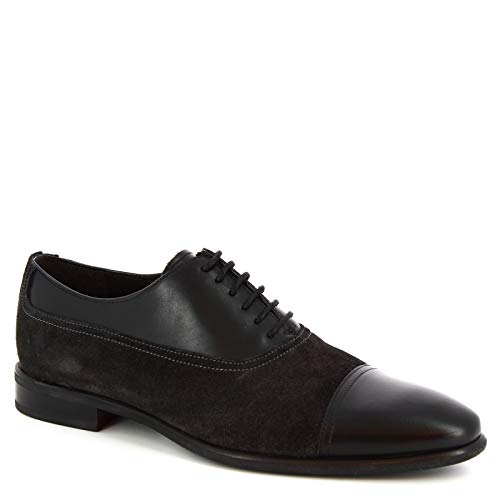 Leonardo Shoes Zapatos Oxford Hechos a Mano Hombres Piel Becerro Gamuza Negra - Número de Modelo: 999 Spazzolato Nero - Tamaño: 44 EU