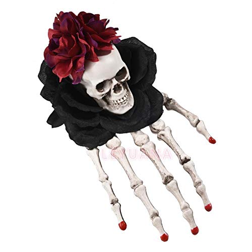 LEYUANA Pulsera de Mano de Esqueleto de Halloween, Pinza de Pelo, Garra de Hueso, Rosa, Tocado Floral, Negro Vintage