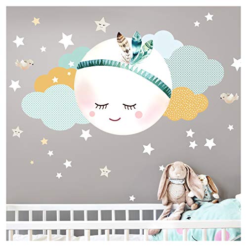 Little Deco DL262 - Adhesivo decorativo para pared de habitación infantil, diseño de luna, nubes y estrellas, L - 59 x 31 cm (ancho x alto), diseño de plumas