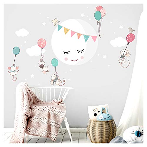Little Deco DL436 - Adhesivo decorativo para pared, diseño de luna, nubes, ratones, globos, 153 x 108 cm (ancho x alto)