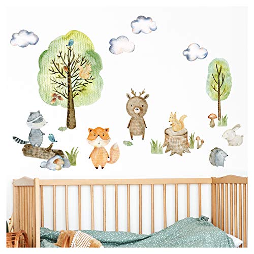 Little Deco DL458 - Adhesivo decorativo para pared, diseño de animales del bosque con árboles, setas y hierba, tamaño M - 152 x 84 cm (ancho x alto), adhesivo para pared de habitación de bebé