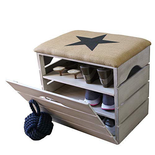 Liza Line Mueble Zapatero de Madera con Puerta (Blanco Envejecido), Banco con Asiento Acolchado, Tela Natural. Ordenar Calzado, Zapatos, Zapatillas. Pino Macizo. Estrella Negra - 51x47x35 cm Liza Line Mueble Zapatero de Madera con Puerta (Blanco Envejecido), Banco con Asiento Acolchado, Tela Natural. Ordenar Calzado, Zapatos, Zapatillas. Pino Macizo. Estrella Negra - 51x47x35 cm