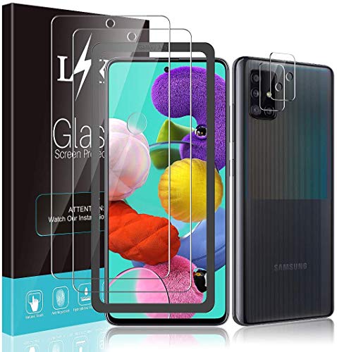 LϟK 4 Pack Protector de Pantalla para Samsung Galaxy A51 con 2 Pack Cristal Vidrio Templado y 2 Pack Protector de Lente de Cámara - Dureza 9H Funda Compatible Sin Burbujas Kit Fácil de Instalar