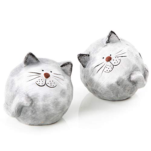 Logbuch-Verlag Juego de 2 figuras de gato redondas de 7,5 cm, gris y blanco, pareja de gatos de cerámica, regalo para los amantes de los gatos