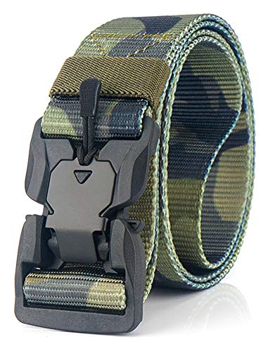 Longwu Hebilla súper magnética Lona de nylon de liberación rápida Cinturón táctico militar transpirable para hombres y mujeres con hebilla de plástico Pradera Camuflaje