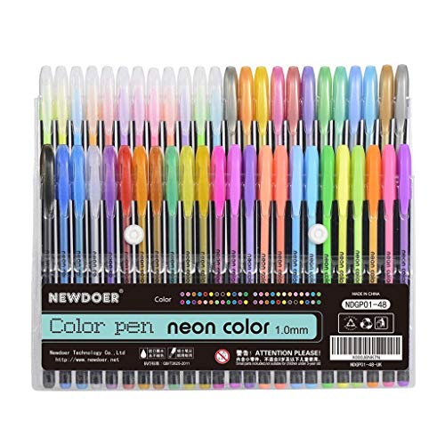 Lote de 48 bolígrafos de tinta de gel Newdoer, para colorear, ideal para adultos punta de 1,0 mm (12 de colores metálicos, 12 de colores con purpurina, 12 de colores neón y 12 de colores pastel)
