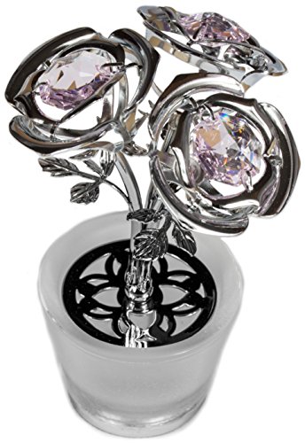 Maceta con 3 figuras de flores con cristal de Swarovski Elements, color plateado
