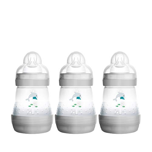 MAM Easy Start - Biberón anticólico, 3 unidades (160 ml) - Botella de leche con válvula de suelo innovadora contra cólicos - Bidón con ventosa tamaño 1, a partir del nacimiento, color gris