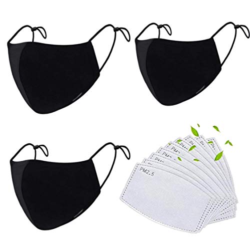 Mascarillas de tela de algodón reutilizables negras, Pack 3 mascarillas de tela lavable con 9 filtros Mascarillas de tela de algodón reutilizables negras, Pack 3 mascarillas de tela lavable con 9 filtros