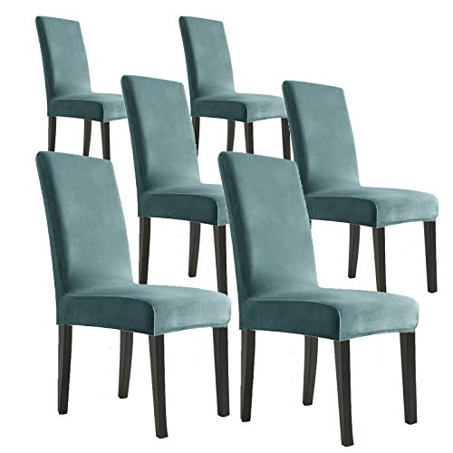 MAXIJIN Fundas de Terciopelo elásticas para sillas de Comedor, Juego de 6 Fundas para sillas de Comedor, Fundas deslizantes para Comedor, Cocina, Ceremonia (Azul Polvoriento, 6)