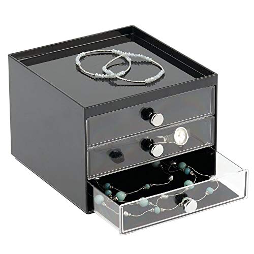 mDesign Caja para Guardar Joyas – Organizador de Joyas con 3 cajones de plástico Transparente – Joyero con cajones para la cómoda o el Lavabo – Negro/Transparente