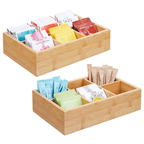mDesign Juego de 2 cajas organizadoras para bolsitas de té, especias, azúcar, etc. – Compacto cajón de madera para la cocina – Caja para infusiones de madera con 6 compartimentos – color natural