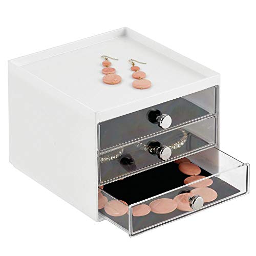 mDesign Organizador de joyas – Mueble joyero transparente con tres cajones plásticos – Cajas para joyería de plástico para la cómoda o el tocador – blanco/transparente