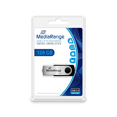 MediaRange MR913 128GB USB 2.0 Capacity Negro, Plata Unidad Flash USB - Memoria USB (128 GB, USB 2.0, USB Type-A Connector, 10 MB/s, Girar, Negro, Plata)
